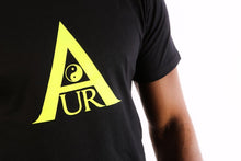 Load image into Gallery viewer, Black Aura Tee - Yellow Fluorescent logo
